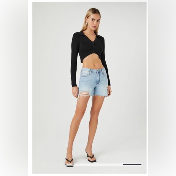 FOREVER 21 Black Ribbed Cropped Cardigan Collared Shirt Sweater Top Casual Sz M - Picture 5 of 10